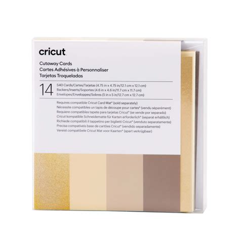2009487 - Cricut Cut-Away Cards Neutrals S40 (12;1 Cm X 12;1 Cm) 14-Pack; 14 S40 cards with adhesive (5 Gray, 5 Khaki, 4 Cream); 14 Gold Holographic backers; 14 White envelopes; Dimensions: Cards 4.75 in x 4.75 in (12.1 cm x 12.1 cm), Backers 4.6 in x 4.6 in (11.7 cm x 11.7 cm), Envelopes 5 in x 5 in (12.7 cm x 12.7 cm); Create stunning custom cards in minutes; Easy to cut with specialized Cricut Card Mat (sold separately); For Cricut Explore® and Cricut Maker® machines
